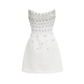 Radiance Elegance Beyaz Taş İşlemeli Straplez Mini Elbise